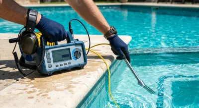 Technicien utilisant un détecteur de fuite sur une piscine