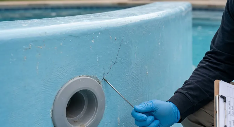 Fissure sur coque polyester de piscine nécessitant une réparation